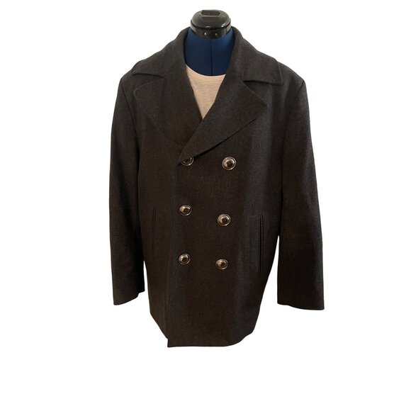 Mens Clothcraft Virgin Wool Blend Peacoat Large Double-Breasted Charcoal - Picture 2 of 16